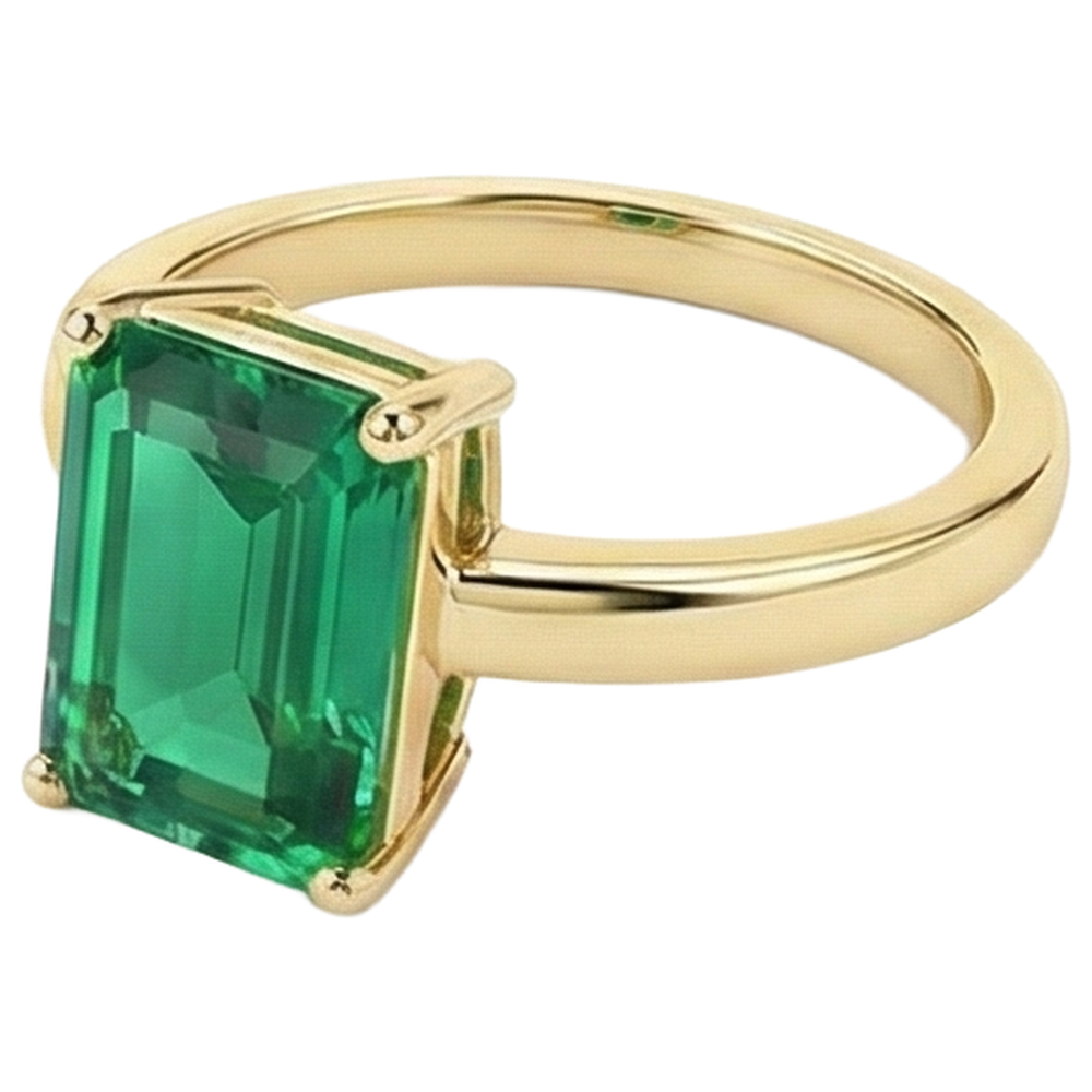 Solitaire Green Emerald Ring 3 Carats Yellow Gold 14K Gemstone Jewelry