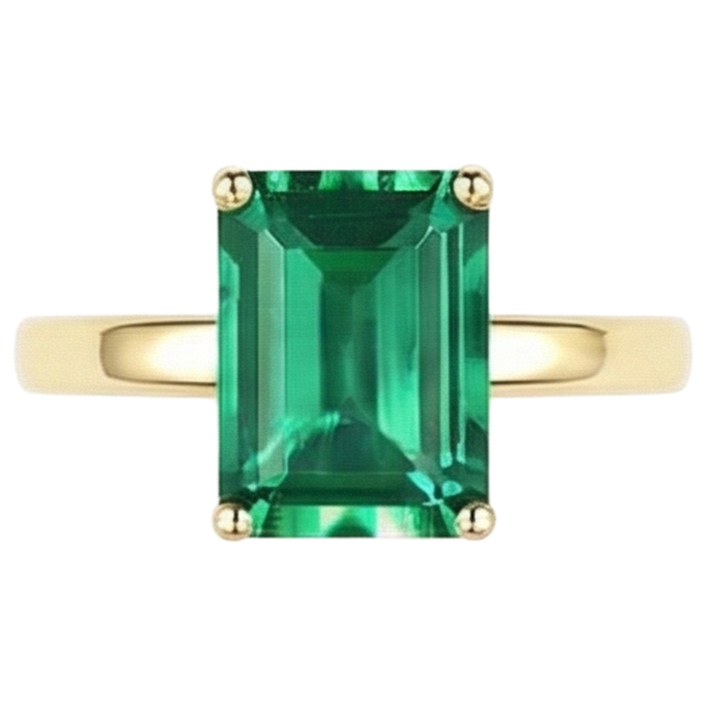 Solitaire Green Emerald Ring 3 Carats Yellow Gold 14K Gemstone Jewelry