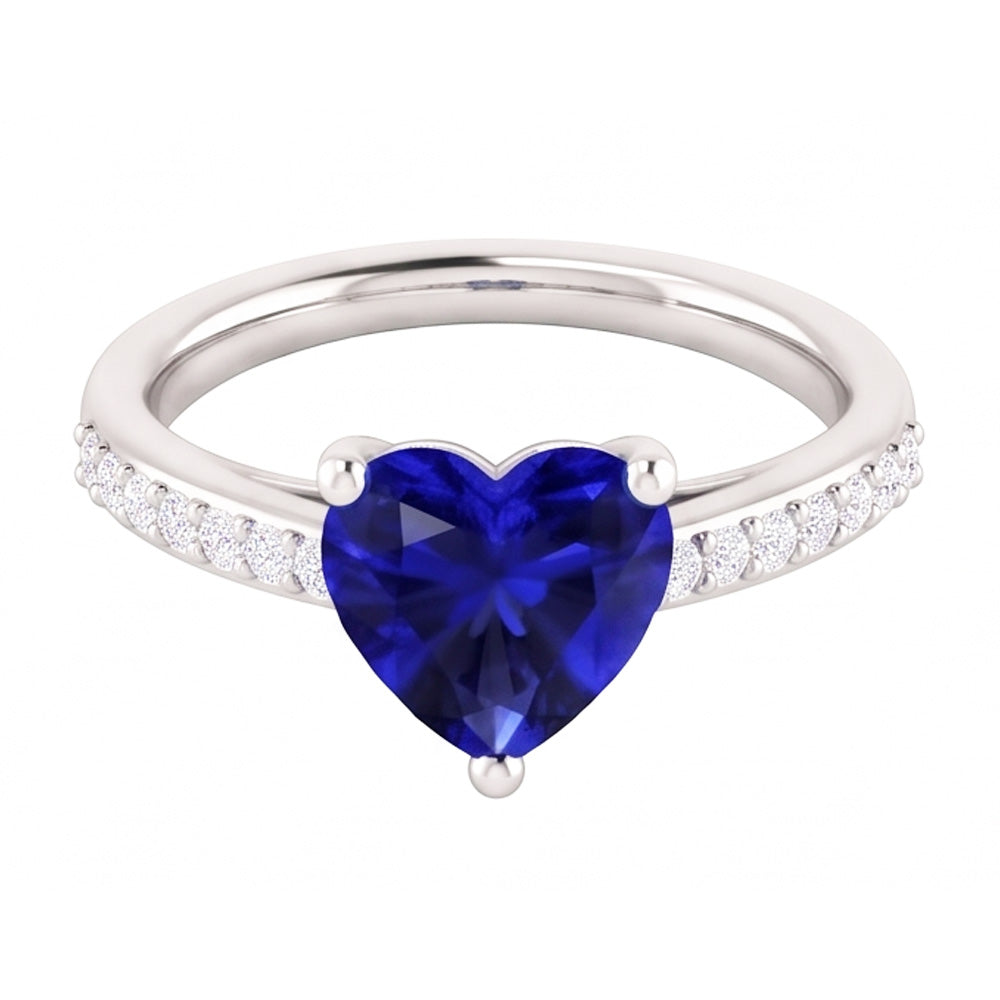 Solitaire Heart Ceylon Sapphire Ring & Pave Set Natural Earth Mined Diamonds 2.50 Carats