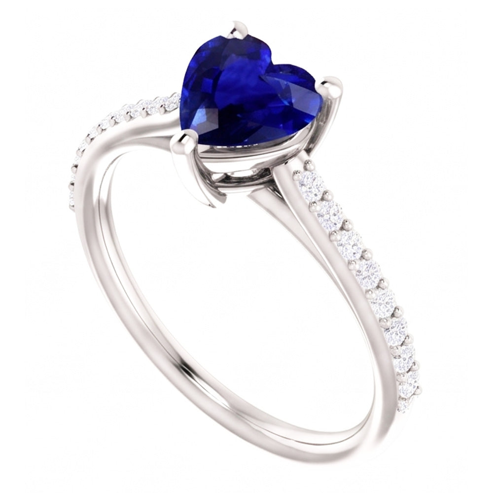 Solitaire Heart Ceylon Sapphire Ring & Pave Set Natural Earth Mined Diamonds 2.50 Carats