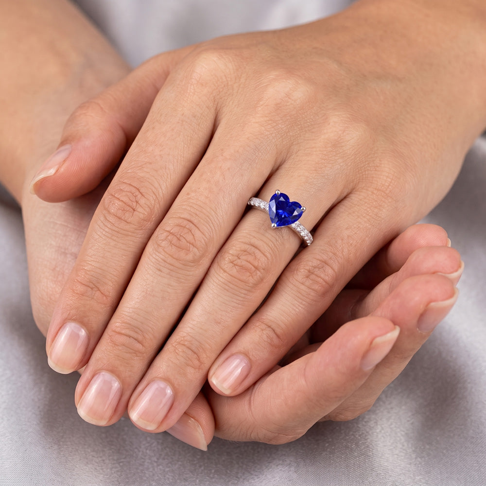 Solitaire Heart Ceylon Sapphire Ring & Pave Set Natural Earth Mined Diamonds 2.50 Carats