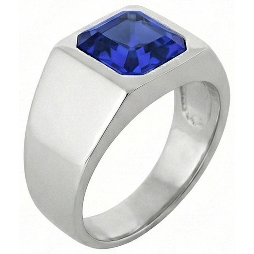 IGI CERTIFIED Solitaire Men's Ring 1.50 Carats Flush Set Blue Sapphire Asscher Cut