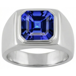 IGI CERTIFIED Solitaire Men's Ring 1.50 Carats Flush Set Blue Sapphire Asscher Cut