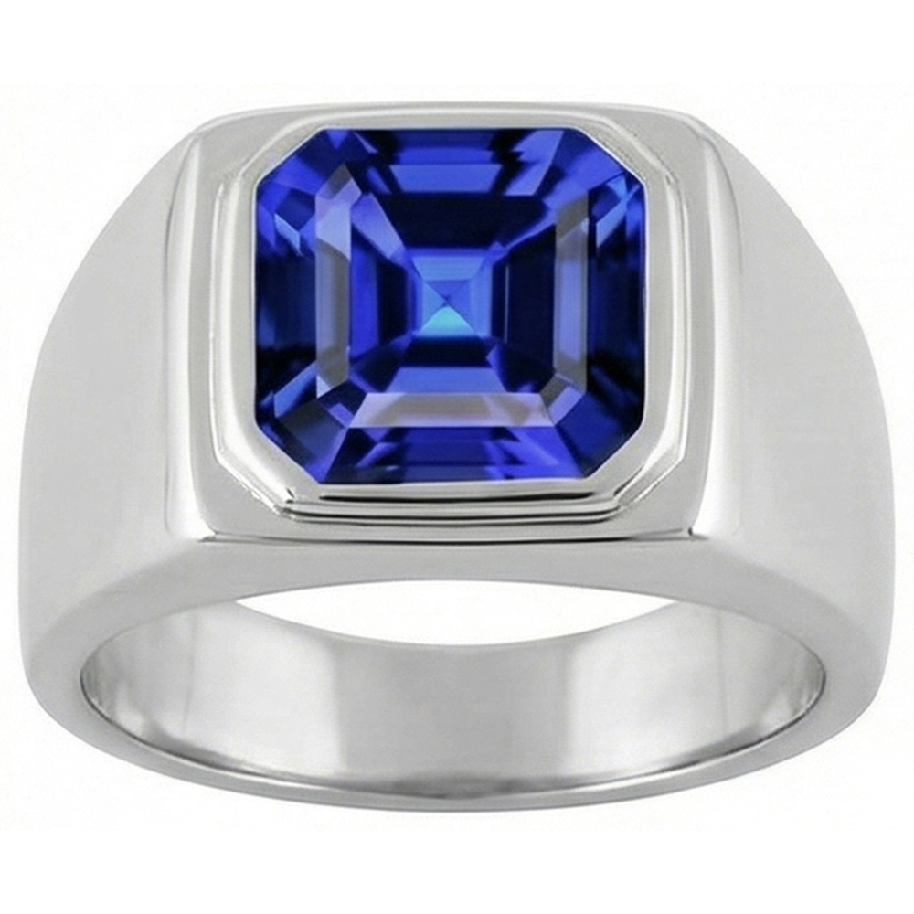 IGI CERTIFIED Solitaire Men's Ring 1.50 Carats Flush Set Blue Sapphire Asscher Cut