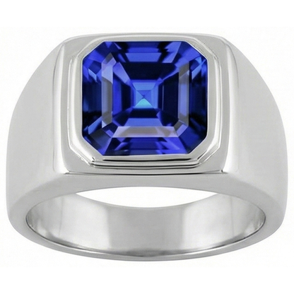 IGI CERTIFIED Solitaire Men's Ring 1.50 Carats Flush Set Blue Sapphire Asscher Cut