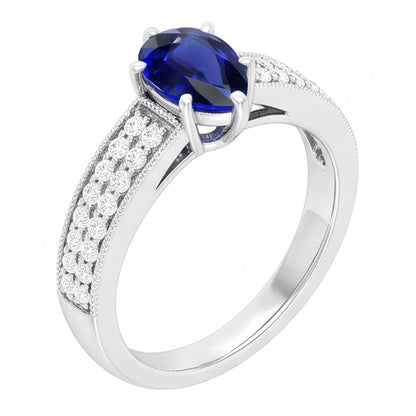 Solitaire Pear Blue Sapphire Ring With Natural Earth Mined Diamond Accents 3 Carats
