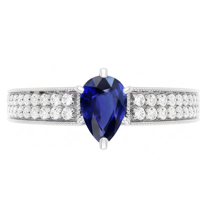 Solitaire Pear Blue Sapphire Ring With Natural Earth Mined Diamond Accents 3 Carats