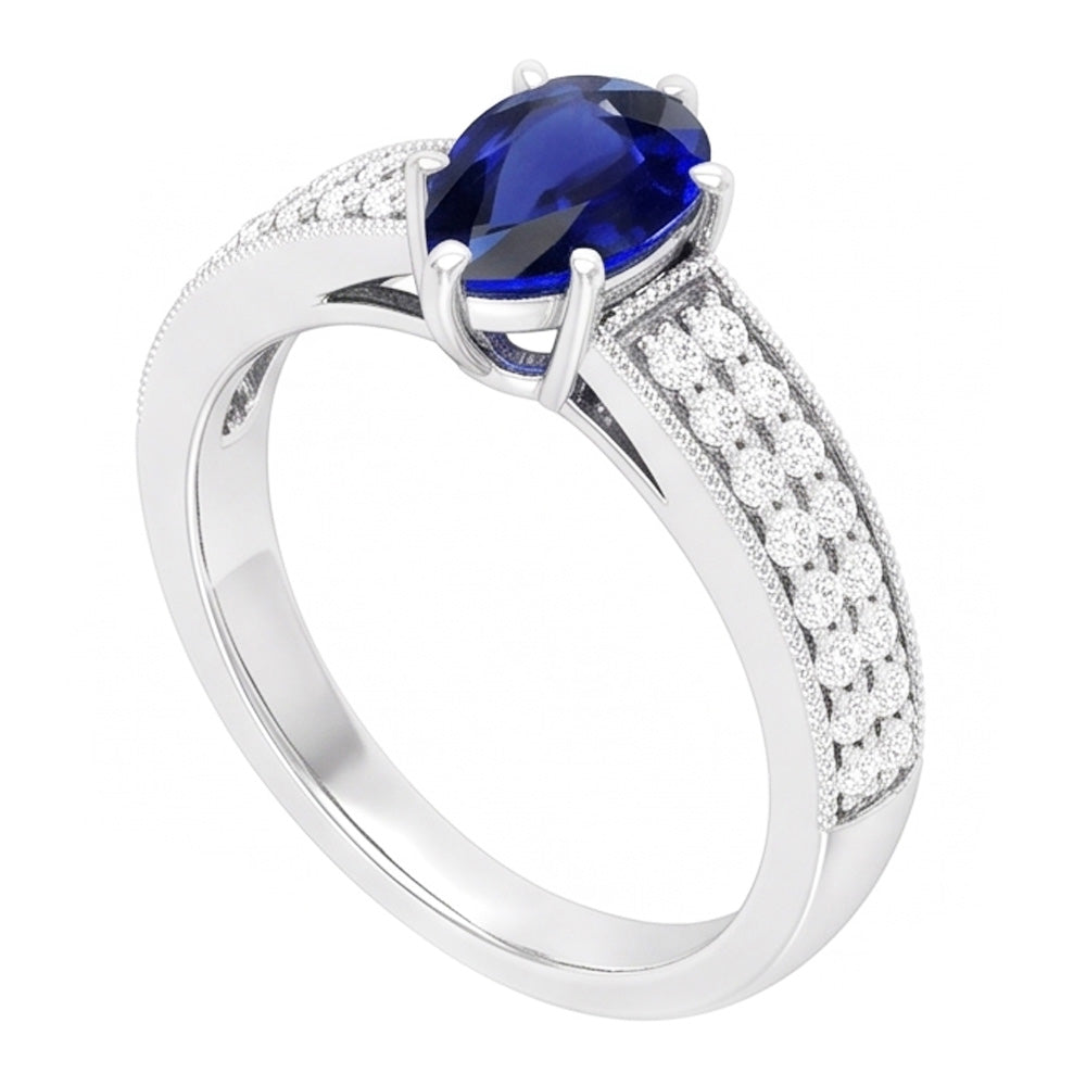 Solitaire Pear Blue Sapphire Ring With Natural Earth Mined Diamond Accents 3 Carats