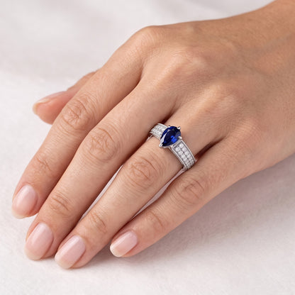 Solitaire Pear Blue Sapphire Ring With Natural Earth Mined Diamond Accents 3 Carats