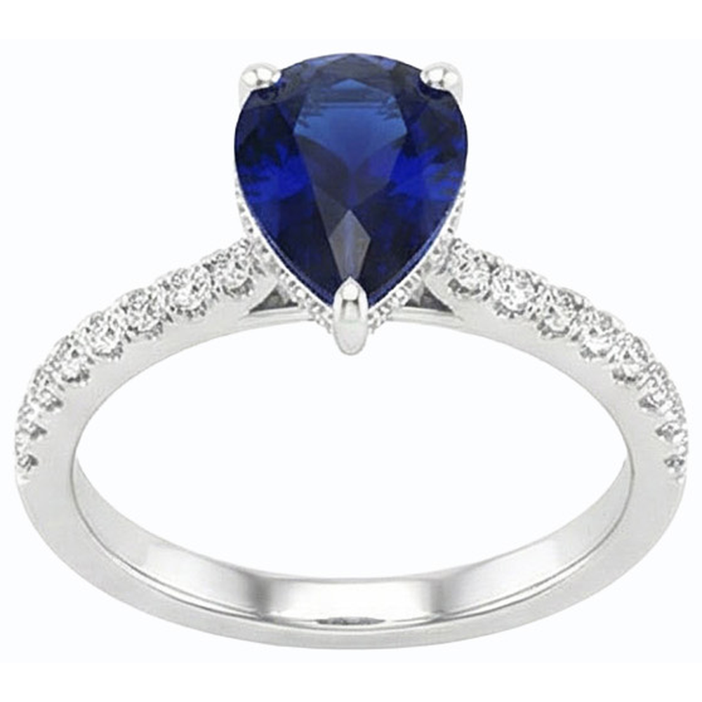 Solitaire Pear Ceylon Sapphire Ring With Natural Earth Mined Diamond Accents 3.50 Carats