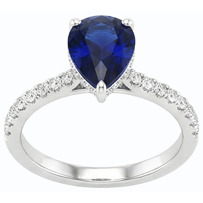 Solitaire Pear Ceylon Sapphire Ring With Natural Earth Mined Diamond Accents 3.50 Carats