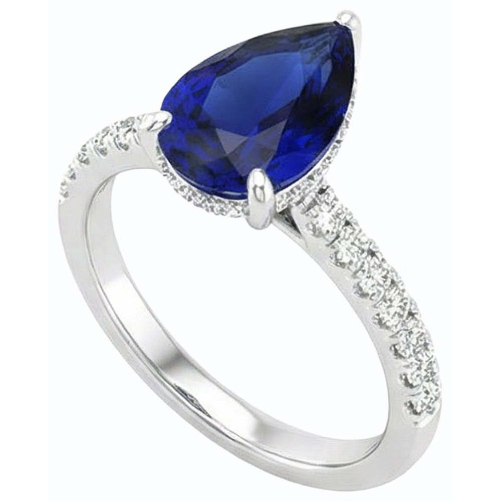Solitaire Pear Ceylon Sapphire Ring With Natural Earth Mined Diamond Accents 3.50 Carats