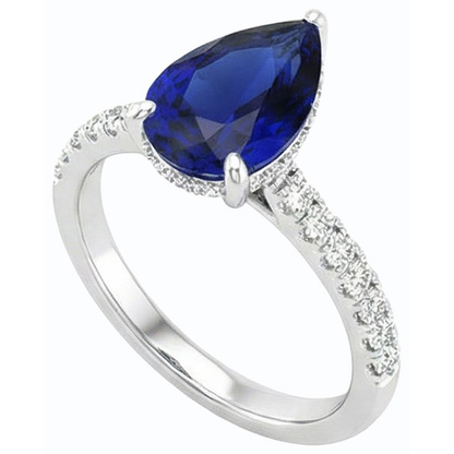 Solitaire Pear Ceylon Sapphire Ring With Natural Earth Mined Diamond Accents 3.50 Carats
