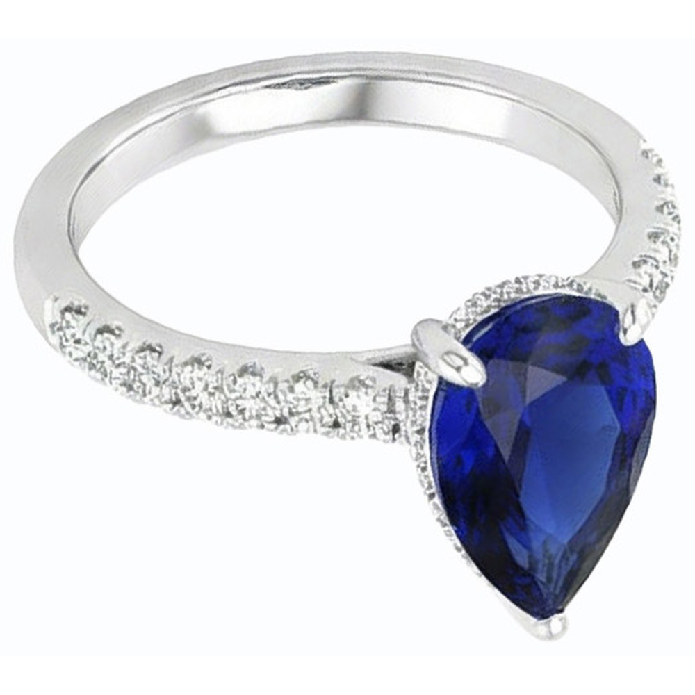 Solitaire Pear Ceylon Sapphire Ring With Natural Earth Mined Diamond Accents 3.50 Carats