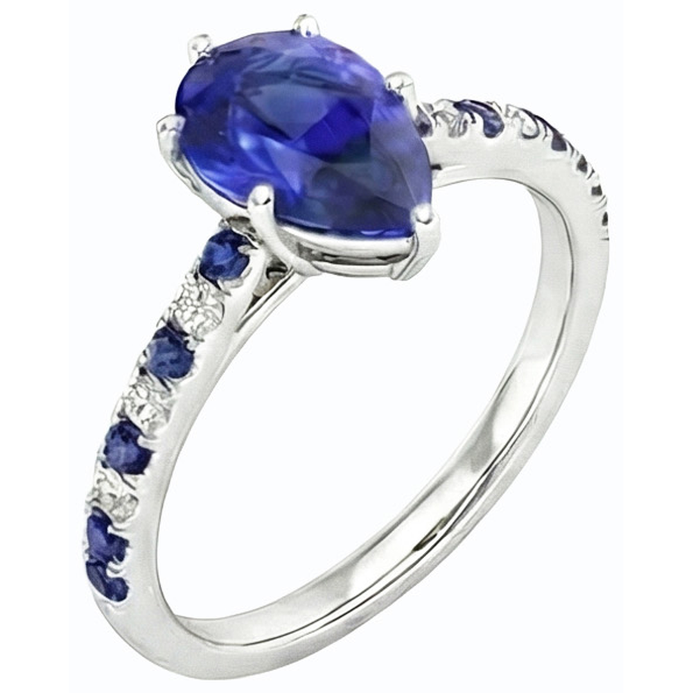 Solitaire Pear Cut Ring With Blue Sapphire & Natural Earth Mined Diamond Accents 2.50 Carats