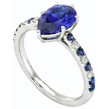 Solitaire Pear Cut Ring With Blue Sapphire & Natural Earth Mined Diamond Accents 2.50 Carats