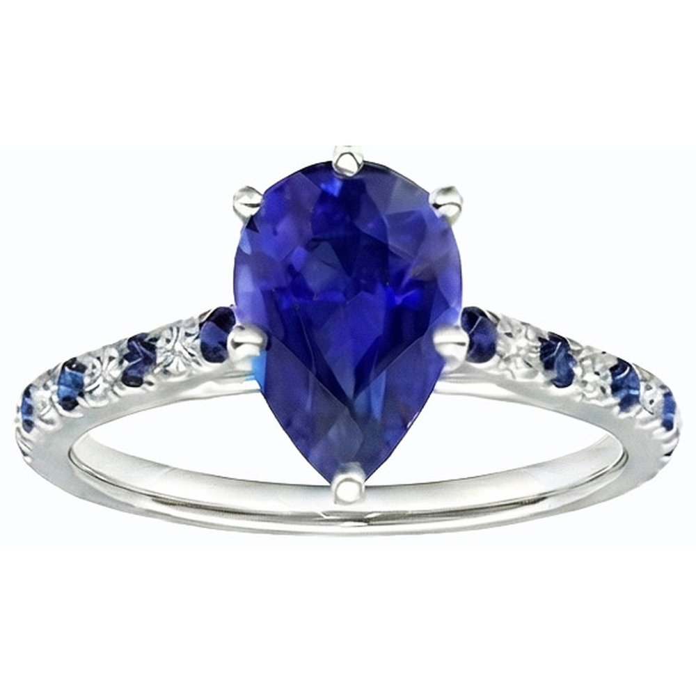 Solitaire Pear Cut Ring With Blue Sapphire & Natural Earth Mined Diamond Accents 2.50 Carats