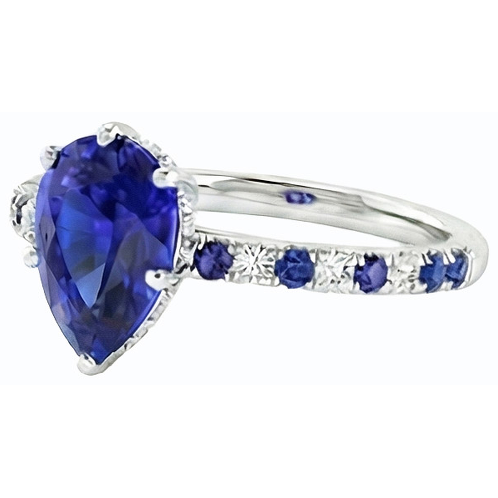 Solitaire Pear Cut Ring With Blue Sapphire & Natural Earth Mined Diamond Accents 2.50 Carats