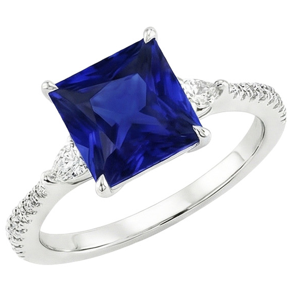 Solitaire Princess Blue Sapphire Pear & Round Natural Earth Mined Diamond Accents 6 Carats