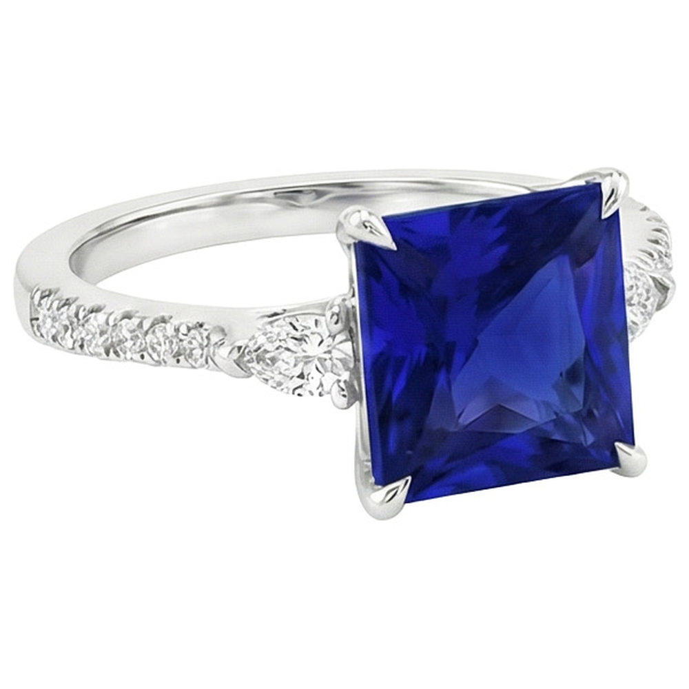Solitaire Princess Blue Sapphire Pear & Round Natural Earth Mined Diamond Accents 6 Carats