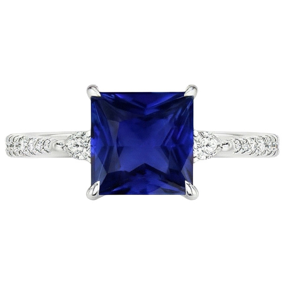 Solitaire Princess Blue Sapphire Pear & Round Natural Earth Mined Diamond Accents 6 Carats