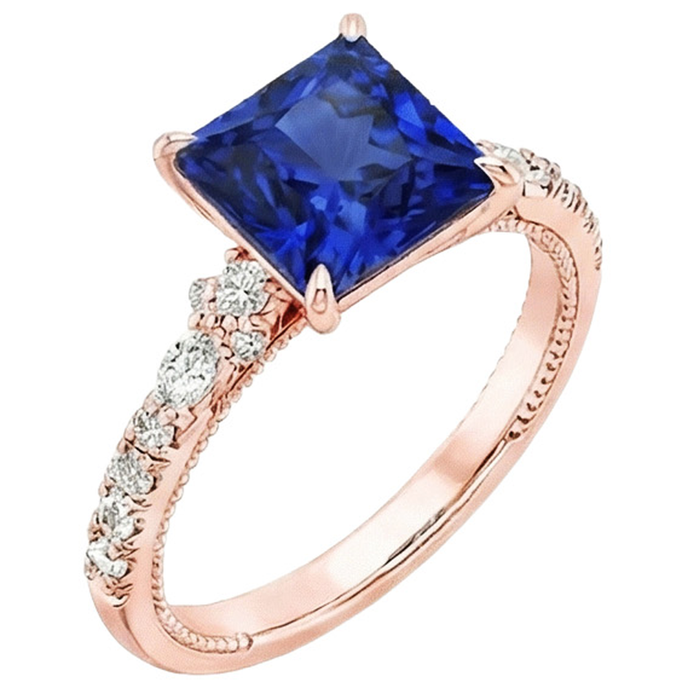 Solitaire Ring Accents Rose Gold Blue Sapphire and Natural Earth Mined Diamond 5.5 Carat