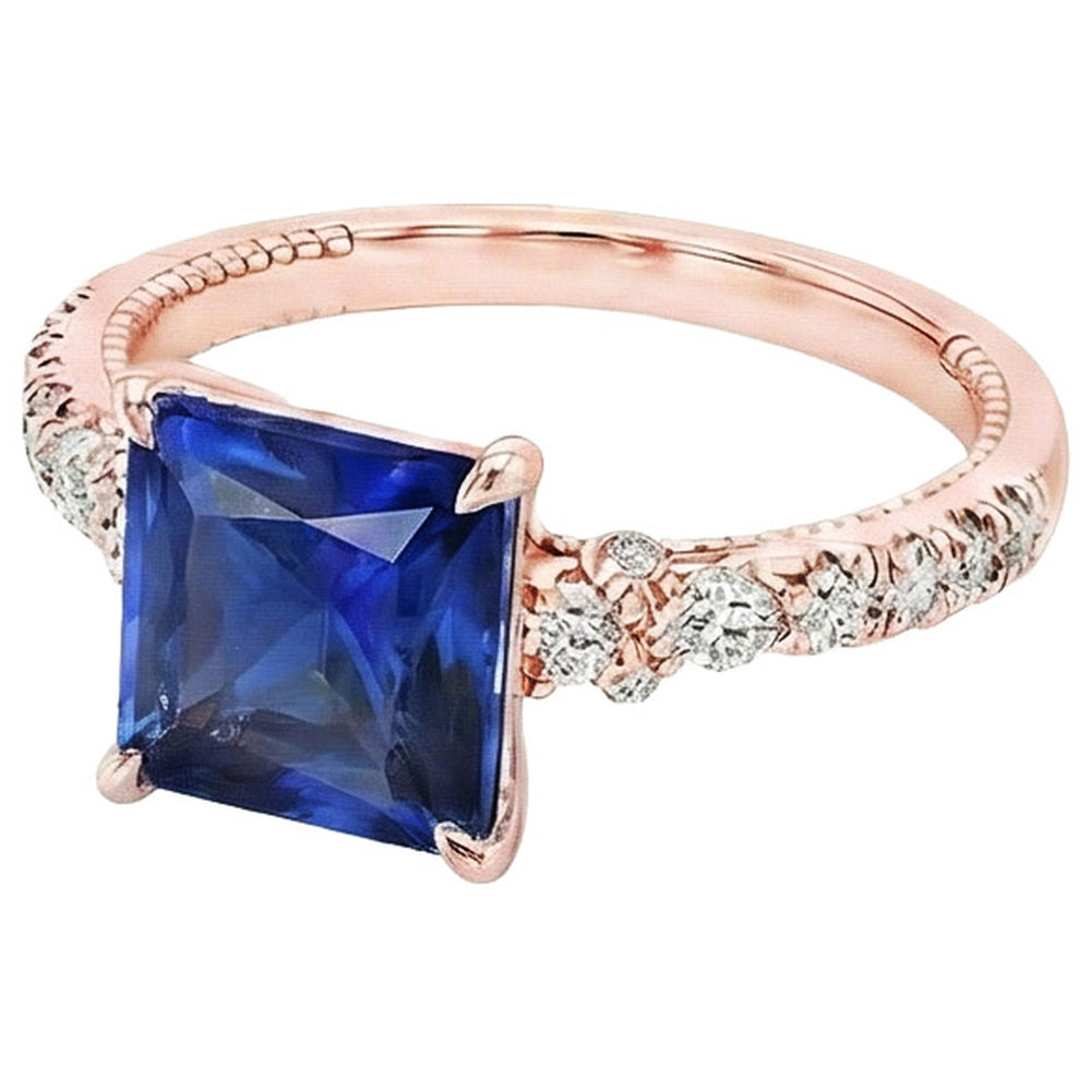 Solitaire Ring Accents Rose Gold Blue Sapphire and Natural Earth Mined Diamond 5.5 Carat