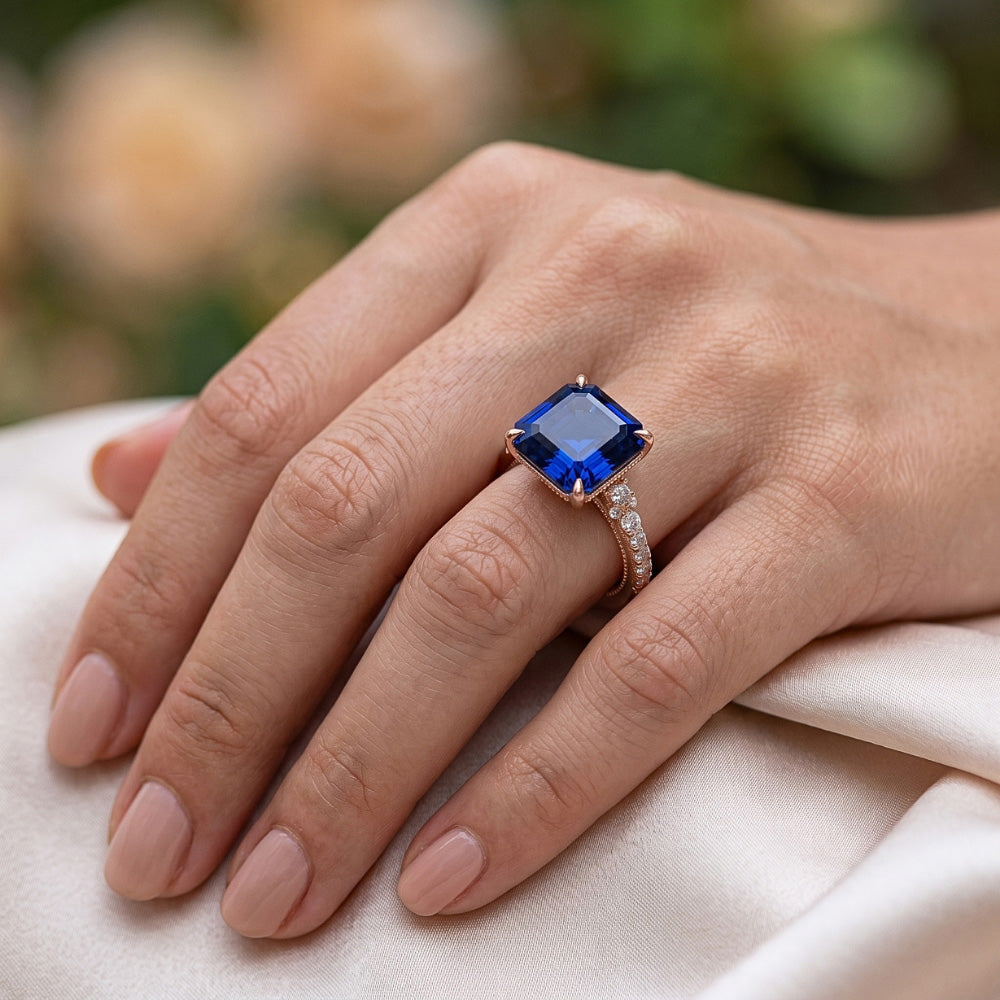 Solitaire Ring Accents Rose Gold Blue Sapphire and Natural Earth Mined Diamond 5.5 Carat