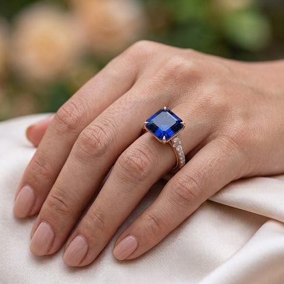 Solitaire Ring Accents Rose Gold Blue Sapphire and Natural Earth Mined Diamond 5.5 Carat