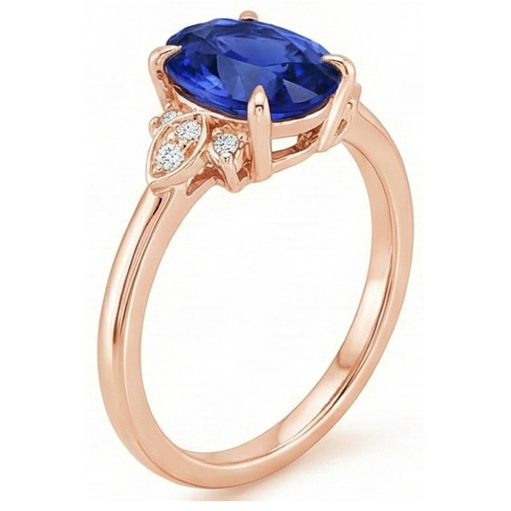 Solitaire Ring Blue Sapphire & Natural Earth Mined Diamond Accents 4 Carats Floral Style