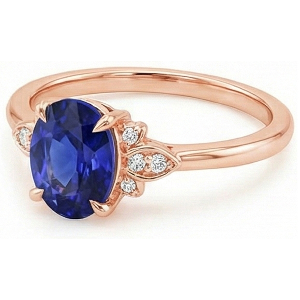 Solitaire Ring Blue Sapphire & Natural Earth Mined Diamond Accents 4 Carats Floral Style