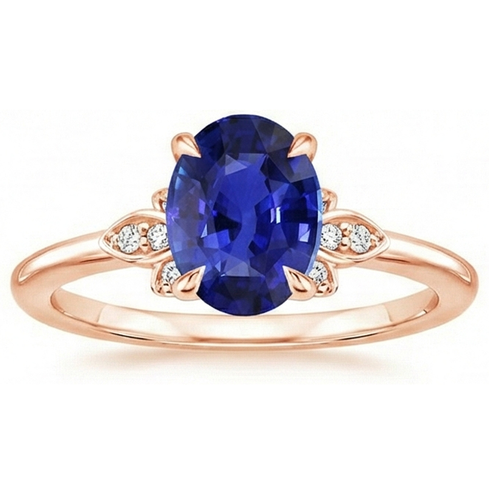 Solitaire Ring Blue Sapphire & Natural Earth Mined Diamond Accents 4 Carats Floral Style