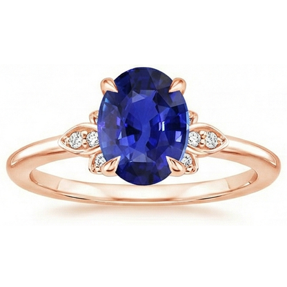 Solitaire Ring Blue Sapphire & Natural Earth Mined Diamond Accents 4 Carats Floral Style