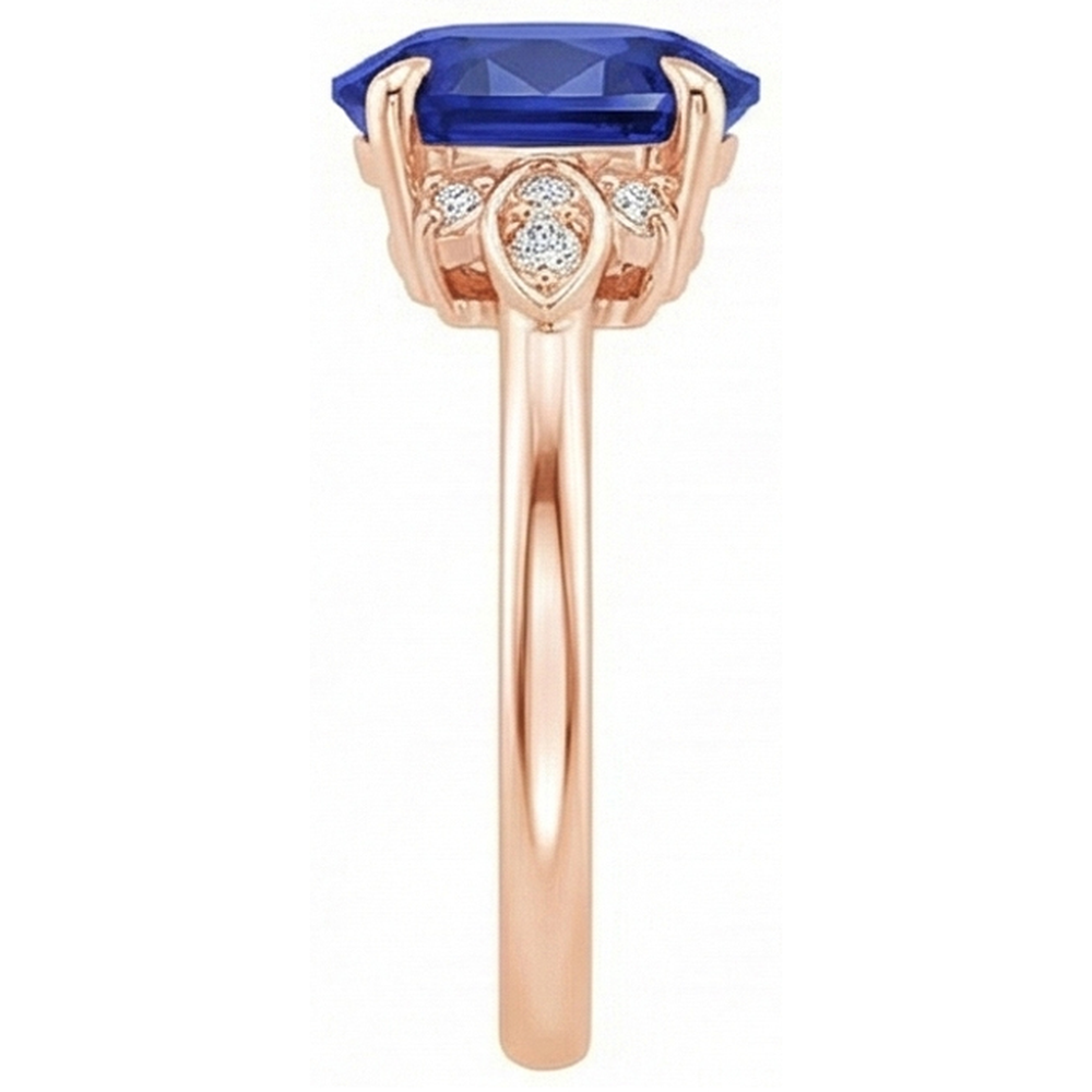 Solitaire Ring Blue Sapphire & Natural Earth Mined Diamond Accents 4 Carats Floral Style