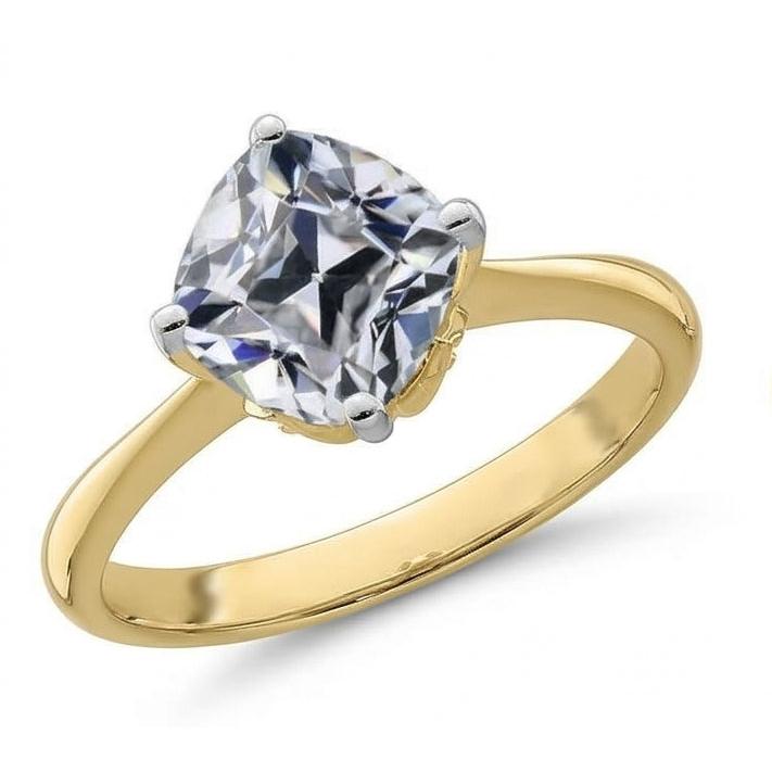 Solitaire Ring Cushion Old Mine Cut Natural Earth Mined Diamond 5 Carats Two Tone Gold