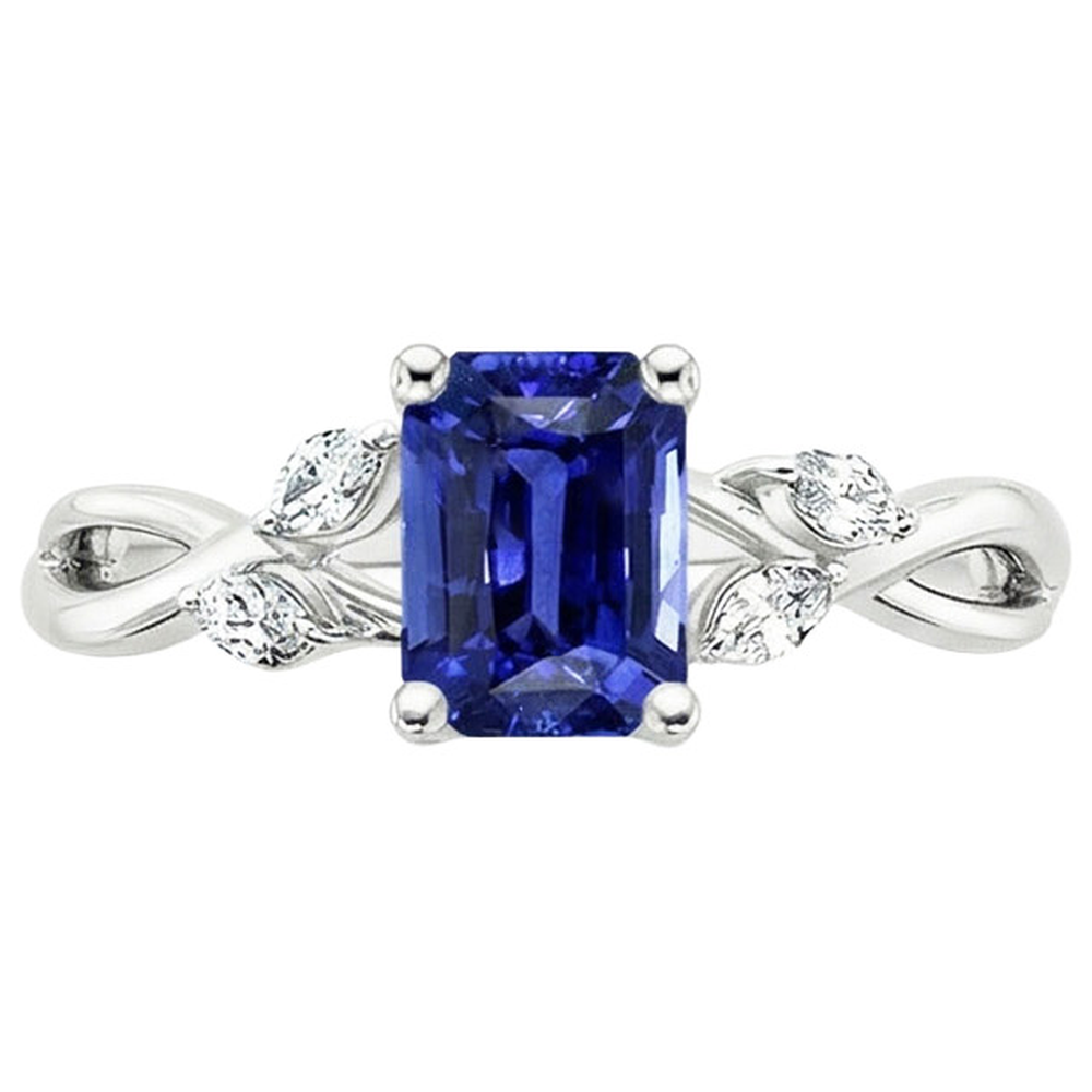 Solitaire Ring Emerald Blue Sapphire With Marquise Natural Earth Mined Diamonds 4 Carats