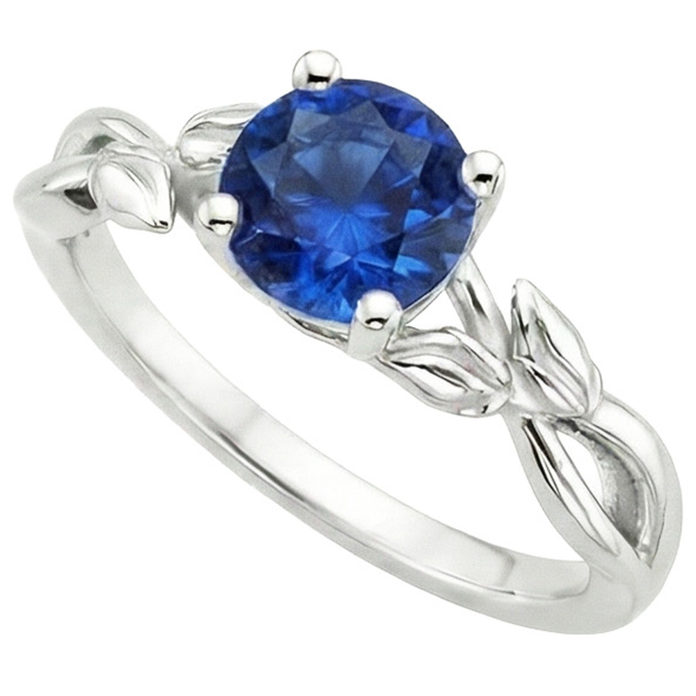 Solitaire Ring Natural Blue Sapphire Split Shank Leaf Style 2 Carats