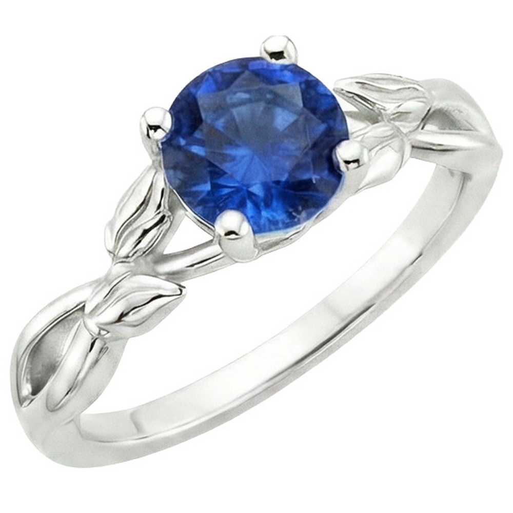 Solitaire Ring Natural Blue Sapphire Split Shank Leaf Style 2 Carats