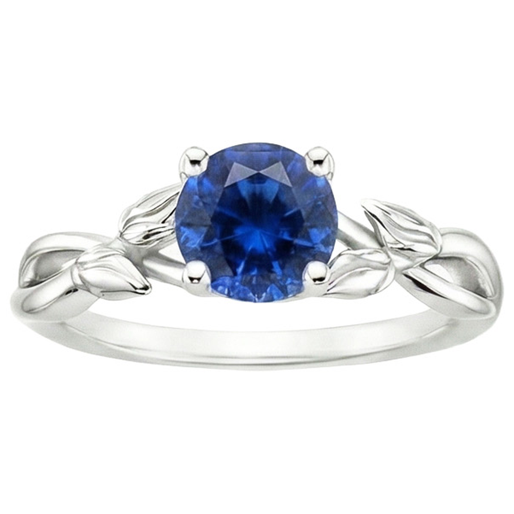 Solitaire Ring Natural Blue Sapphire Split Shank Leaf Style 2 Carats