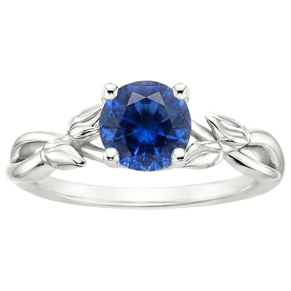 Solitaire Ring Natural Blue Sapphire Split Shank Leaf Style 2 Carats