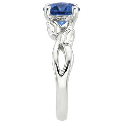 Solitaire Ring Natural Blue Sapphire Split Shank Leaf Style 2 Carats