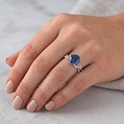 Solitaire Ring Natural Blue Sapphire Split Shank Leaf Style 2 Carats