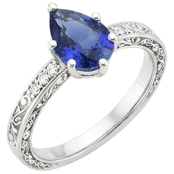 Solitaire Ring Pear Blue Sapphire With Natural Earth Mined Diamond Filigree Shank 4 Carats