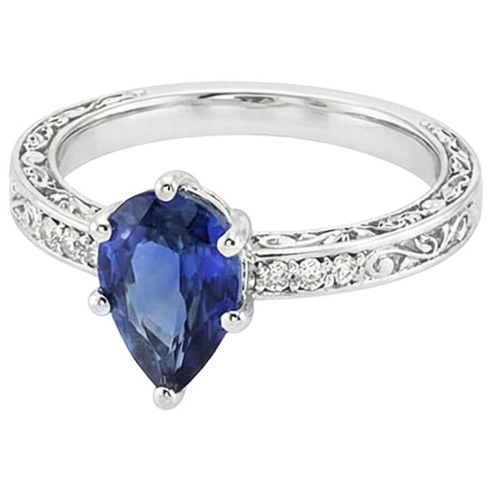 Solitaire Ring Pear Blue Sapphire With Natural Earth Mined Diamond Filigree Shank 4 Carats