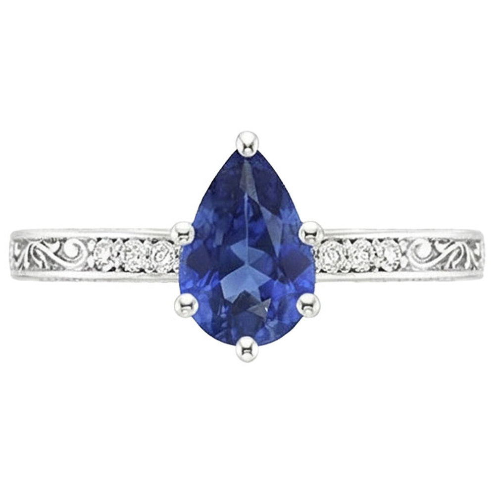 Solitaire Ring Pear Blue Sapphire With Natural Earth Mined Diamond Filigree Shank 4 Carats