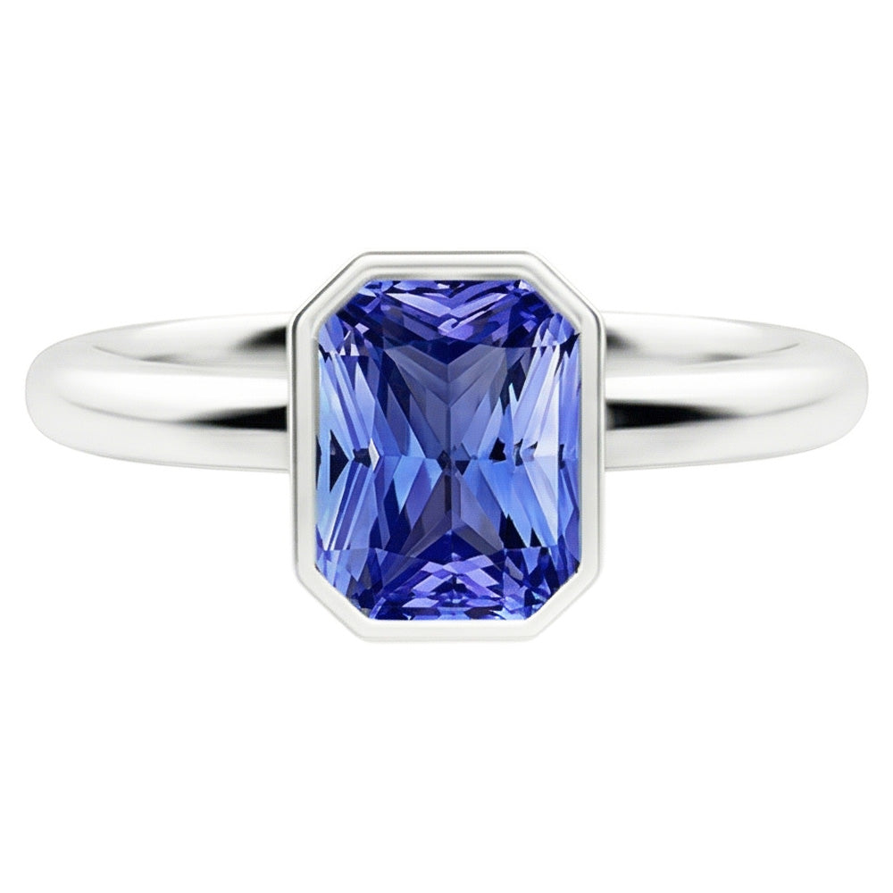 Solitaire Ring Radiant Bezel Set Natural Blue Sapphire 1.50 Carats