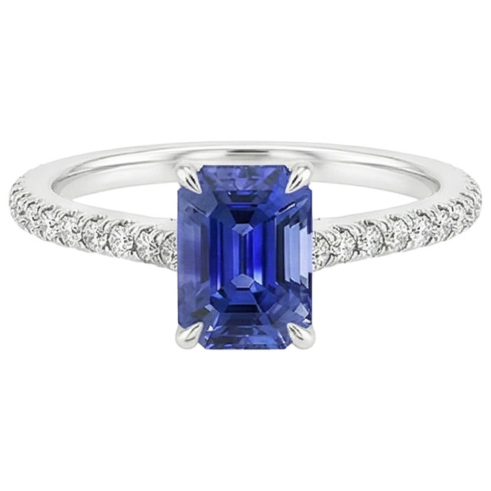Solitaire Ring With Accents Emerald Ceylon Sapphire & Natural Earth Mined Diamond 4 Carats