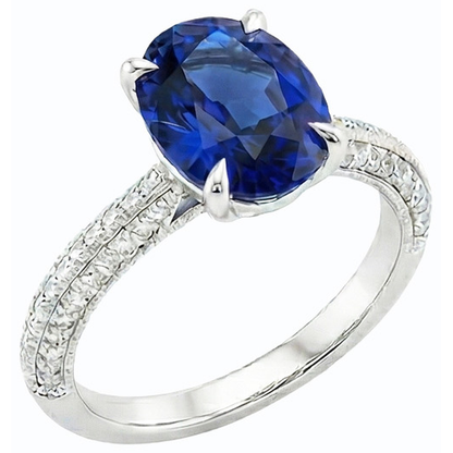 Solitaire Ring With Accents Oval Blue Sapphire & Natural Earth Mined Diamonds 4.50 Carats
