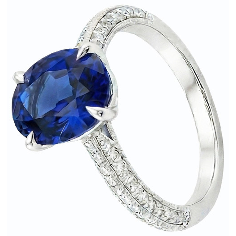 Solitaire Ring With Accents Oval Blue Sapphire & Natural Earth Mined Diamonds 4.50 Carats