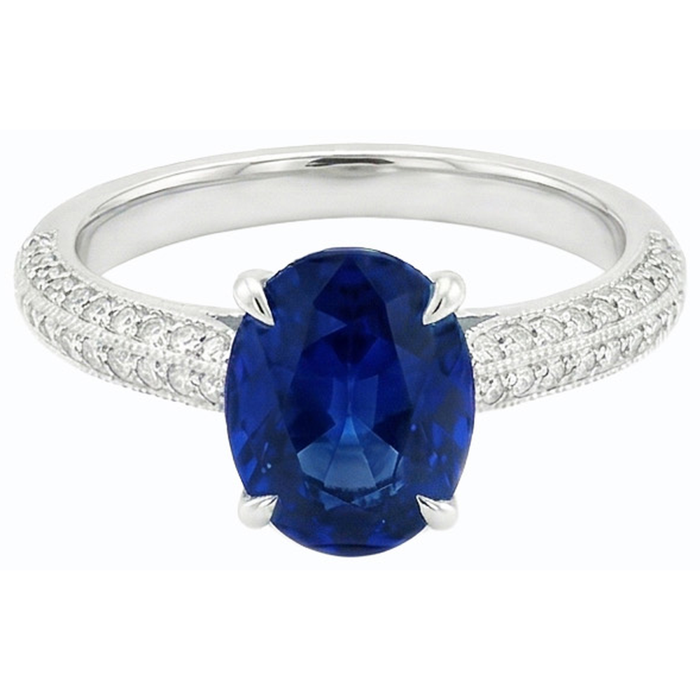 Solitaire Ring With Accents Oval Blue Sapphire & Natural Earth Mined Diamonds 4.50 Carats